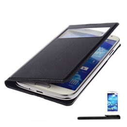 4in1 Slim Cover mit Fenster für Samsung Galaxy S4 i9500 i9505 / S4 Neo i9515 Kunstleder Hülle Flip Case Handy Tasche Backcover in Schwarz, kompatibel mit der S-View Funktion + 1x Displayfolie + 1x Touchpen