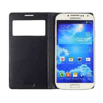 4in1 Slim Cover mit Fenster für Samsung Galaxy S4 i9500 i9505 / S4 Neo i9515 Kunstleder Hülle Flip Case Handy Tasche Backcover in Schwarz, kompatibel mit der S-View Funktion + 1x Displayfolie + 1x Touchpen -
