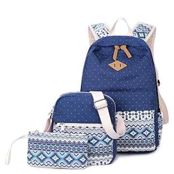 5 ALL 3 Teile Set Fashion Damen Canvas Groß Schulrucksack + Schultertasche + Mäppchen