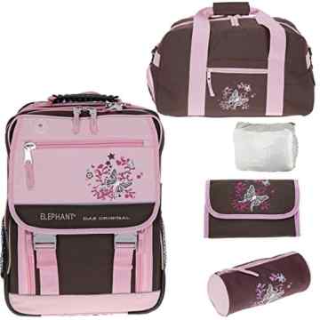 5 Teile SET : ELEPHANT Schulrucksack FLORA + Sporttasche + Mäppchen + Trinkflasche + Regencover // BRAUN ROSA