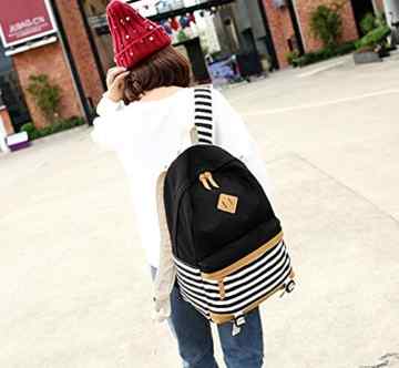 5 ALL Fashion Mädchen Schulrucksack Damen Canvas Rucksack Teenager Baumwollstoff Streifen Schultasche Daypacks für Universität Outdoor Freizeit QXT-8810 -