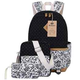 BLUBOON 3 Teile Set Schulrucksack Canvas Rucksack Mädchen/Damen, Rucksack Schule/Schulranzen + Schultertasche/Messenger Bag + Mäppchen/Purse