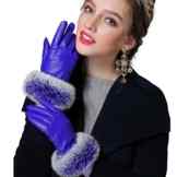 Butterme Damen Warm Kaninchen Fell gefüttert Leder Handschuhe Texting Touchscreen Handschuhe Winter Warm Handschuhe Fäustlinge (Blau,L)
