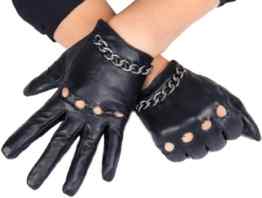 Calonice Amorino Damen Lederhandschuhe kurz schwarz mit silberfarbene Metallkette und softem Schafsleder gefüttert M-Size 6000