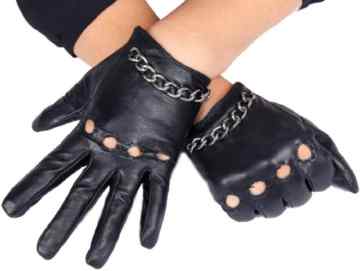 Calonice Amorino Damen Lederhandschuhe kurz schwarz mit silberfarbene Metallkette und softem Schafsleder gefüttert M-Size 6000