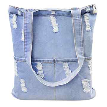 Damen Jeans Canvas Leinwand Umhängetasche Messenger Bag Handtasche Schultertasche Tasche Löcher Muster Hellblau & Dunkelblau