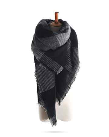 Damen XXL Schal Halstuch/Poncho kariert quadratisch Karo schal Herbst/Winter Warmer Schal Schwarz