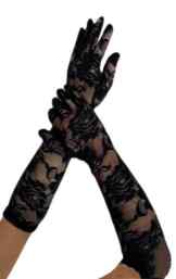 EDLE schwarze Ellenbogen lange Spitzen Handschuhe mit Rosenmusterung One Size bunny-shop