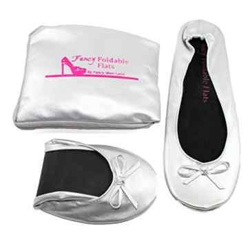 Frauen flache Schuhfrauen Ballerinas klappbar mit Tragetasche. Geeignet für wunde Füße in High Heels Silber tragbare Reise Ballerinas (39 – 40 / LARGE)