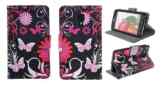 Kit Me Out PU-Kunstleder Bedrucktes Flip Case + Displayschutzfolie mit Mikrofaser-Reinigungstuch für LG Optimus L7 2 P710 – Schwarz, Rosa Blumen und Schmetterlinge