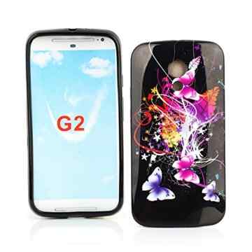 Kit Me Out TPU-Gel-Hülle + Displayschutzfolie mit Mikrofaser-Reinigungstuch für Motorola Moto G ( 2014 ) 5″ Zoll 2nd Generation – Schwarz Bunte Schmetterlinge