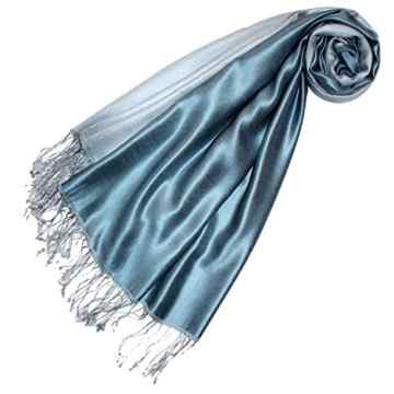 LORENZO CANA Luxus Pashmina Seide Schaltuch 70 x 190 cm Silbergrau Stahlblau zweifarbig Seidenschal Schal 78168