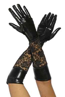 Lange Leder-Optik Handschuhe mit Spitze in schwarz