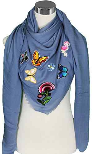 Mevina Schal mit Schmetterling Blumen Patches Fransen groß quadratisch Baumwolle Schal Halstuch Oversized