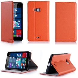Microsoft Lumia 640 Tasche Leder Style orange Hülle Cover mit Stand – Zubehör Etui smartphone 2015 Lumia 640 Flip Case Schutzhülle (Handy tasche folio PU Leder, orange) – Brand XEPTIO accessoires