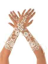 Miya® Lange Brauthandschuhe Prinzessin Handschuhe mit Blumen aus spitze Satin und Lace, beige, Hochzeit Party