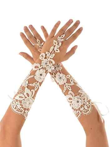 Miya® Lange Brauthandschuhe Prinzessin Handschuhe mit Blumen aus spitze Satin und Lace, beige, Hochzeit Party