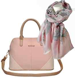 Modisch, elegante Damen- Handtasche, Henkel- Tasche, Geschenk- Set mit Damen Schal im Blüten Design mit Baumwollanteil