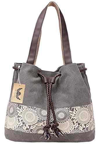 PB-SOAR Damen Vintage Canvas Shopper Schultertasche Beuteltasche Handtasche mit Kordelzug 30x29x12cm (B x H x T)