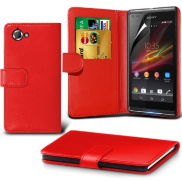 (Rot) Sony Xperia L Custom Designed Stilvolle Accessoires zur Auswahl Schutzmaßnahmen Kunst Credit / Debit-Karten-Leder-Buch-Art Wallet Case Hülle & LCD-Display Schutzfolie von Hülle Spyrox