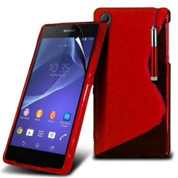 (Rot) Sony Xperia Z2 Custom Designed Stilvolle Accessoires zur Auswahl Schutz S line Hydro Wellen-Gel-Haut-Kasten-Abdeckung, Retractable Touch Screen Stylus Pen & LCD-Display Schutzfolie von Hülle Spyrox