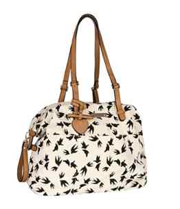 SIX „Frühling“ große Damen Handtasche Weekender Shopper aus Canvas Stoff in Beige mit schwarzen Vögeln, Schwalben maritim, verstellbar, Herz (463-733)