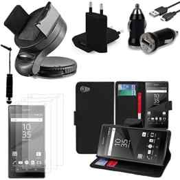 Sony Xperia Z5 Compact e5803 e5823: Set Schutzhülle Tasche Zubehör KFZ Ladegerät Halterung für Eingabestift Brieftasche Halterung Video – Schwarz