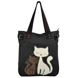 Vbiger Damen Schultertasche Canvas Damen Handtasche Niedliche Katzen Tasche (Schwarz)