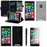 Vcomp® Nokia Lumia 830 RM-984: Set mit Schutzhülle, Tasche, Zubehör, Silikon Gel, Displayschutzfolie, Eingabestift, Brieftaschenform, Halterung für Video – Schwarz