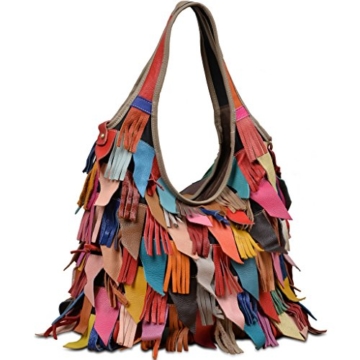 Yaluxe Damen Leder bunt Hippie Fringe Tassel Hobo Henkeltasche Tasche