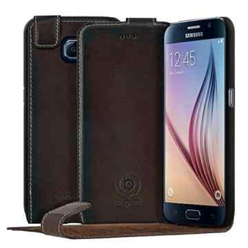 bugatti FlipCover Amsterdam – exklusive Echtleder-Tasche für Samsung Galaxy S6 in braun [Handarbeit | Magnetverschluss | Logoprägung] – 08758 -