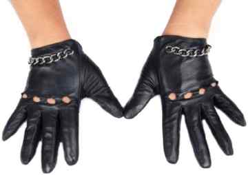 Calonice Amorino Damen Lederhandschuhe kurz schwarz mit silberfarbene Metallkette und softem Schafsleder gefüttert M-Size 6000 -