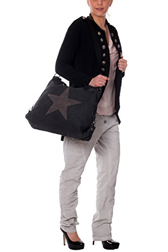 Damen Handtasche Tasche mit Stern aus Canvas mit Leder ist Langlebiger reißfester robust Kombination extra lange Henkel für die Schulter Schultertasche Umhängetasche Henkeltasche -