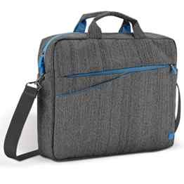 deleyCON Notebooktasche für Notebook / Laptop bis 15,6″ (39,5cm) – Tasche/Hülle aus Leinen mit Zubehörfächern und verstärkten Polsterwänden – grau/blau