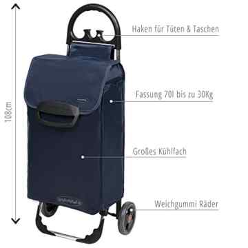 Einkaufstrolley ETY in blau – Klappbarer Trolley nur 1,5kg – Shopper mit leisen Rädern & großem Kühlfach – Einkaufsroller mit 50L bis 30kg belastbar -