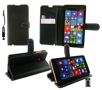 Emartbuy® Eingabestift Pack für Microsoft Lumia 640 LTE / Lumia 640 LTE Dual Sim Metallic Mini Schwarz Eingabestift + Premium PU Lederetui Tischladestation Geldbörse Tasche Hülle Schwarz mit KRotitkartenfächern + LCD Displayschutz -