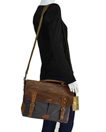 Estarer Unisex Vintage Umhängetasche Leder Canvas Laptop Schultertasche -