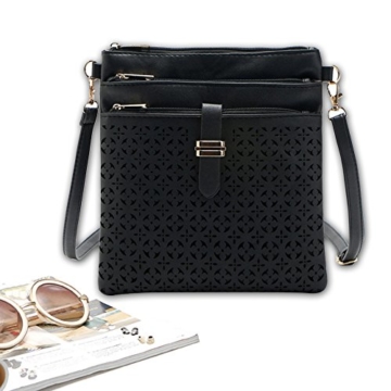 Gosear Frauen Damen PU Leder Mode Jahrgang Stil Schulter Tasche Bote Umhängetaschen Tasche mit Hohl Blume Muster Außen Schwarz -