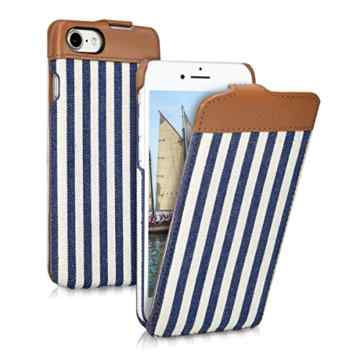 kalibri Flip Case Hülle „Emma“ für > Apple iPhone 7 < - Aufklappbare Stoff und Echtleder Schutzhülle Tasche im Flip Cover Style im Streifen Design