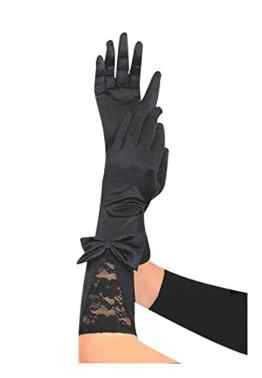Krautwear® Damen Lange Schwarze Satin Handschuhe Abendhandschuhe mit Spitze Und Schleife -