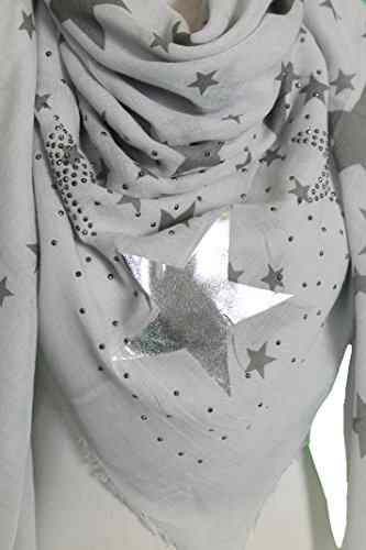Mevina Damen XXL Schal Glitzer Stern Feder Glitzersteine groß quadratisch Baumwolle Tuch Schal Halstuch groß Oversized Premium Qualität -