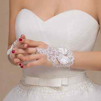 Miya 1paare glamour elegante Braut handschuhe Hand Schmuck Prinzessin Handschuhe aus Spitzen Satin und Lace, Perlen Kristallen, Braut Accessoires Hochzeit Party, Frabe ganz weiß -