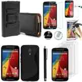 Motorola Moto G II G2 1 2014 (2nd Generation)/G2/Moto G Dual SIM 4 G LTE 2015 XT1072/4 G LTE Dual SIM 2015 XT1068: Schutzhülle Tasche für Zubehör Hartglas, Silikon, Displayschutzfolie, Eingabestift), Leder, mit Gürtelclip, Schwarz -