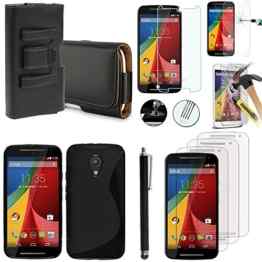 Motorola Moto G II G2 1 2014 (2nd Generation)/G2/Moto G Dual SIM 4 G LTE 2015 XT1072/4 G LTE Dual SIM 2015 XT1068: Schutzhülle Tasche für Zubehör Hartglas, Silikon, Displayschutzfolie, Eingabestift), Leder, mit Gürtelclip, Schwarz -