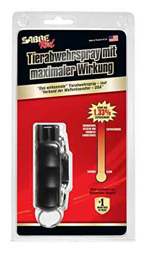 SABRE RED Pfefferspray – Polizeistärke – mit langlebiger Schlüsselanhängerhülle – Strukturgriff und Schlüsselring mit Schnellverschluss – 25 Sprühstöße (5x mehr) – 3 Meter Reichweite -
