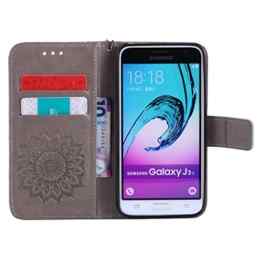 Samsung Galaxy J3 Leder Butterfly Hülle,Samsung Galaxy J3 Lanyard Wallet Schutzhülle,JAWSEU Stylish Elegante Sonnenblume Retro/Vintage Strap Muster Pu Leather Flip Brieftasche Etui Taschen Bookstyle Handyhülle Case Cover mit[Ständerfunktion] und [Kartenfächer]für Samsung Galaxy J3+1xSchwarz Glitzer Bling Eingabestift-Flower,Grau -