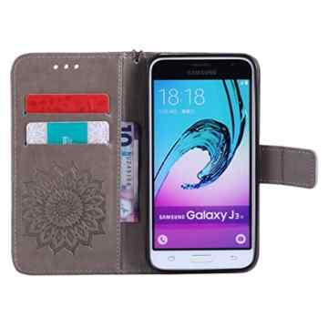 Samsung Galaxy J3 Leder Butterfly Hülle,Samsung Galaxy J3 Lanyard Wallet Schutzhülle,JAWSEU Stylish Elegante Sonnenblume Retro/Vintage Strap Muster Pu Leather Flip Brieftasche Etui Taschen Bookstyle Handyhülle Case Cover mit[Ständerfunktion] und [Kartenfächer]für Samsung Galaxy J3+1xSchwarz Glitzer Bling Eingabestift-Flower,Grau -