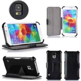 Samsung Galaxy S5 Hülle Schwarz Tasche Cover mit Stand – Zubehör Etui Galaxy SV Flip Case Schutzhülle (Real Leder) Wifi/3G/4G/LTE 32/64/128 GB – XEPTIO accessoires Echtleder – Vorbestellen – Mit Displayschutzfolie (3x clear screen protector high quality Galaxy S5 !) -