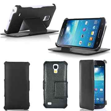 Ultra Slim Tasche Leder Style Samsung Galaxy S4 mini I9190/I9195 Hülle Schwarz Cover mit Stand – Zubehör Etui Galaxy SIV mini GT-i9190/GT-i9195 4G Flip Case Schutzhülle (PU Leder, Schwarz) – Vorbestellen – Mit Displayschutzfolie (3x clear screen protector high quality Galaxy S4 !) – XEPTIO accessoires -