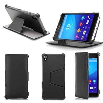 Ultra Slim Tasche Leder Style Sony Xperia Z4 Hülle Schwarz Cover mit Stand – Zubehör Etui smartphone 2014 Sony Xperia Z4 Flip Case Schutzhülle (Handy tasche folio PU Leder, Schwarz) – Brand XEPTIO accessoires -